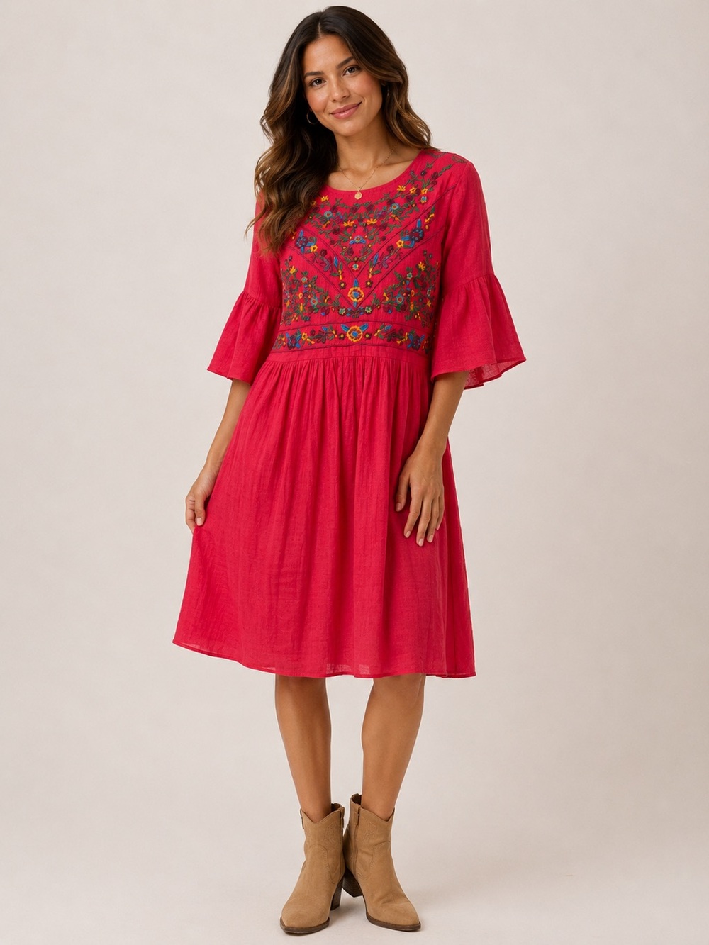 Umgee Midi Dress with Multicolor Floral Embroidery